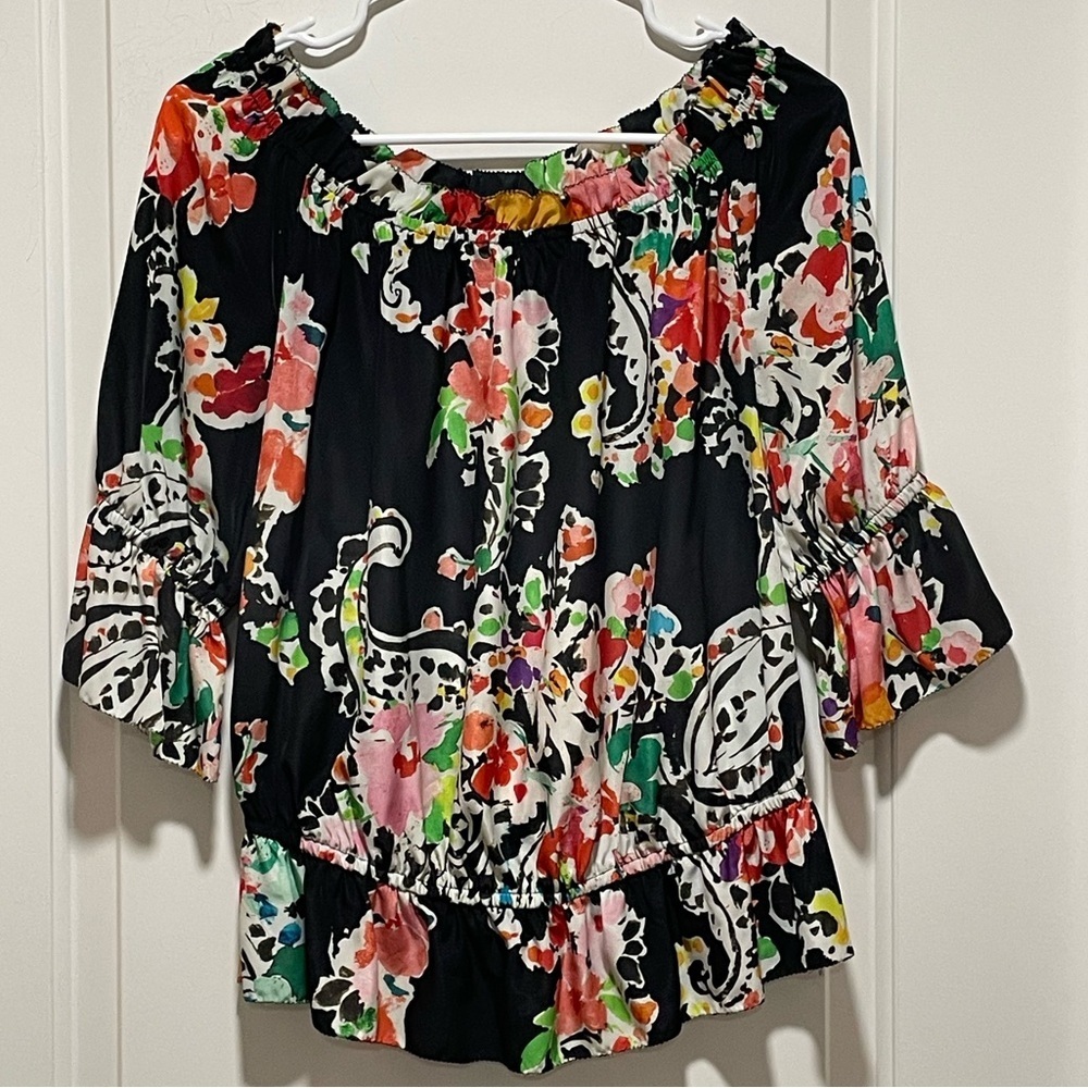 🌸 Ralph Lauren Boho Chic Sz Small Petite Floral Off-Shoulder 3/4 Sleeve Blouse